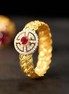 镀18k金戒指女红宝石锆石花丝编织寿纹圆纹燕京八绝复古宫廷古法