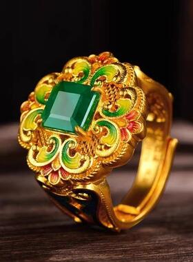 古法传承宫廷风金色镶嵌珐琅春满园戒指显气质高级感古老感百搭