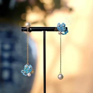 新中式鎏金仿点翠花丝烧点翠玉兰耳环不对称蝴蝶流苏耳坠国风耳饰