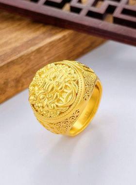 古法黄金色空心活口咬钱貔貅男戒古风经典雕花轻奢高级感圆头戒指