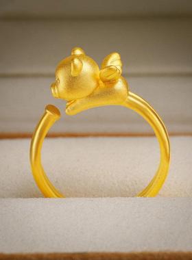 生肖小金猪戒指女款2023年新款好寓意可爱飞天猪开口戒素圈送礼