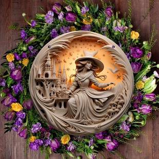 跨境白色庄园女巫圆形亚克力壁挂窗饰门廊挂件吊牌花环装饰挂件