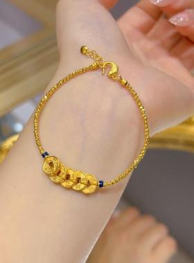 黄金色五帝铜钱手链新爆款蹦迪珠手串小众设计复古轻奢高级感手链