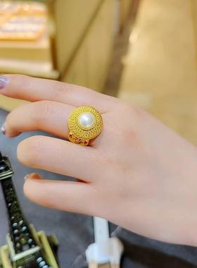 新中式复古黄金色花丝珍珠戒指古法时尚戒子2023年新款食指戒