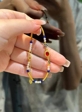 新中式贵妃醉酒仿珍珠手链复古珐琅蓝花红锆石镶嵌轻奢高级感饰品