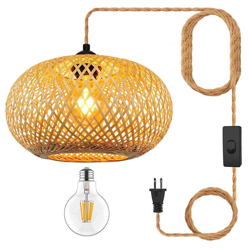 日式风格插电式吊灯藤制带可调光开关30CM麻绳竹制灯罩插电式吊灯,家装灯饰光源,智能吊灯,淘宝优惠券,粉丝福利购,淘宝优惠卷