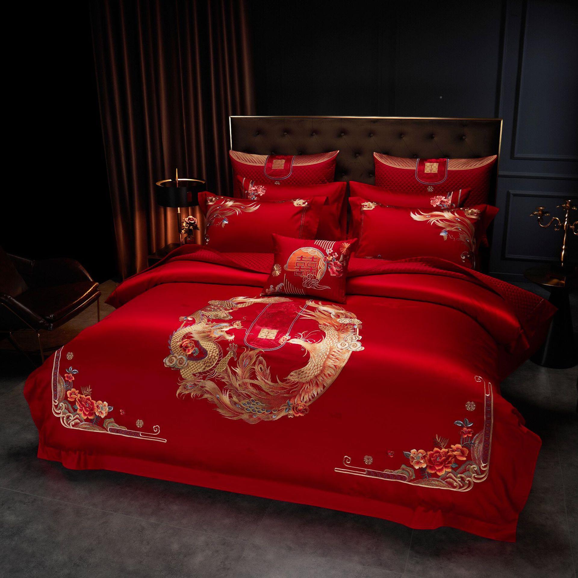婚家纺红色庆花卉四床件套贵花富开牡丹刺绣十件套结婚上用DM108