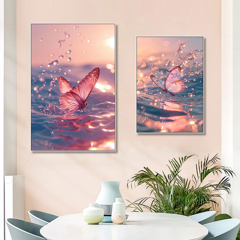 粉色蝴蝶治愈系挂画客厅卧室轻奢高级感装饰画法式浪漫唯美壁画图片