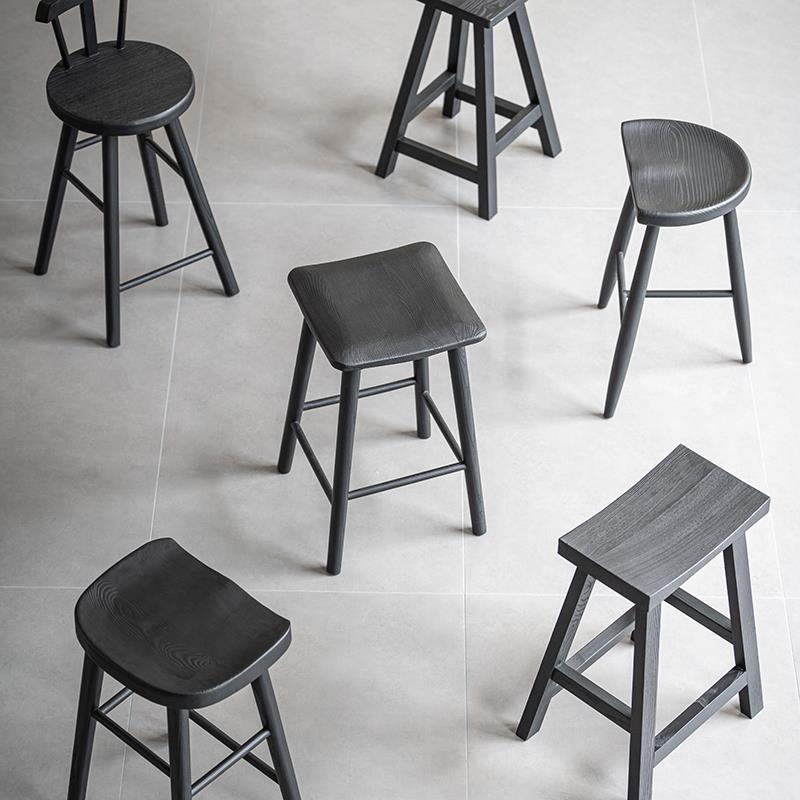 叁几 侘寂风黑色实木吧台椅家用靠背椅子白蜡木酒吧高脚凳吧台凳