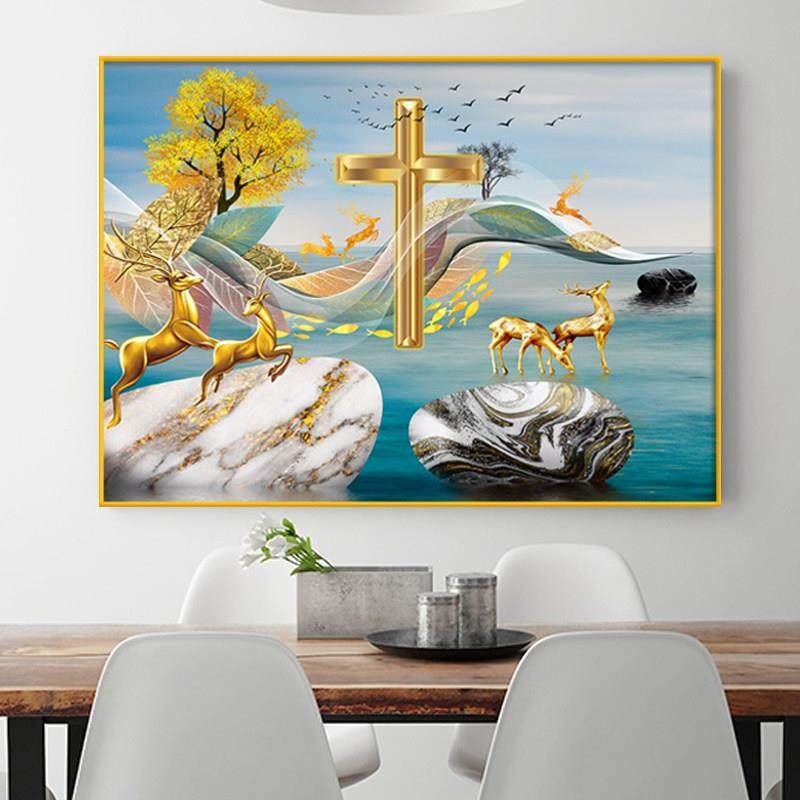 福鹿双收风景十字绣新款手工线绣十字架diy自己满绣点贴砖钻石画,居家布艺,钻石绣,淘宝优惠券,粉丝福利购,淘宝优惠卷