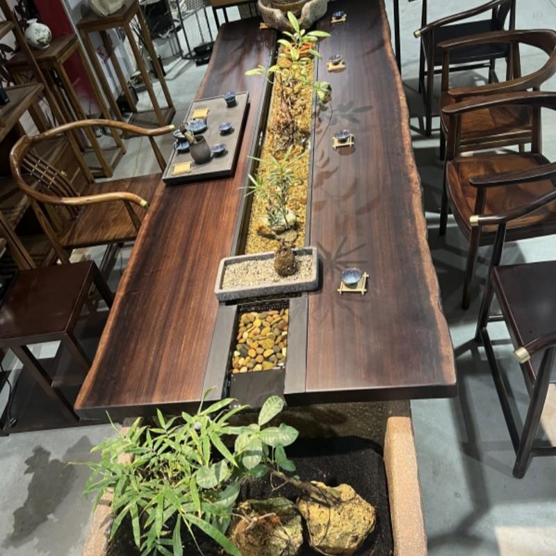 新中式循环流水养鱼茶桌创意茶台景观一体曲水流觞实木茶桌椅组合