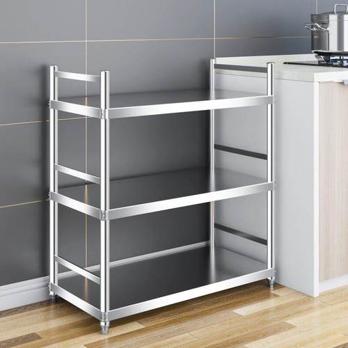 不锈钢置物架厨房带围栏微波炉纳架调料架三层落地锅碗餐厅层架子