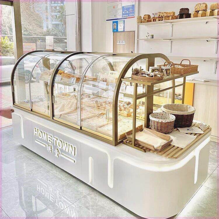 面包展示柜新款高端镀钛不锈钢弧形中岛蛋糕模型边柜糕点玻璃商用