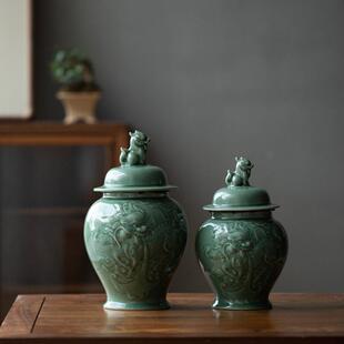 越窑龙泉青瓷拟古手工浮雕麒麟茶叶罐功夫茶具密封罐醒茶罐