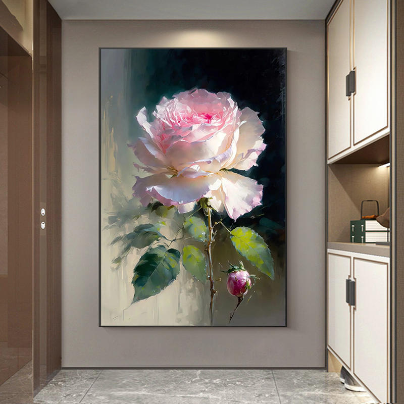 新中式玫瑰玄关装饰画花开富贵客厅手绘油画走廊尽头花卉丙烯挂画图片