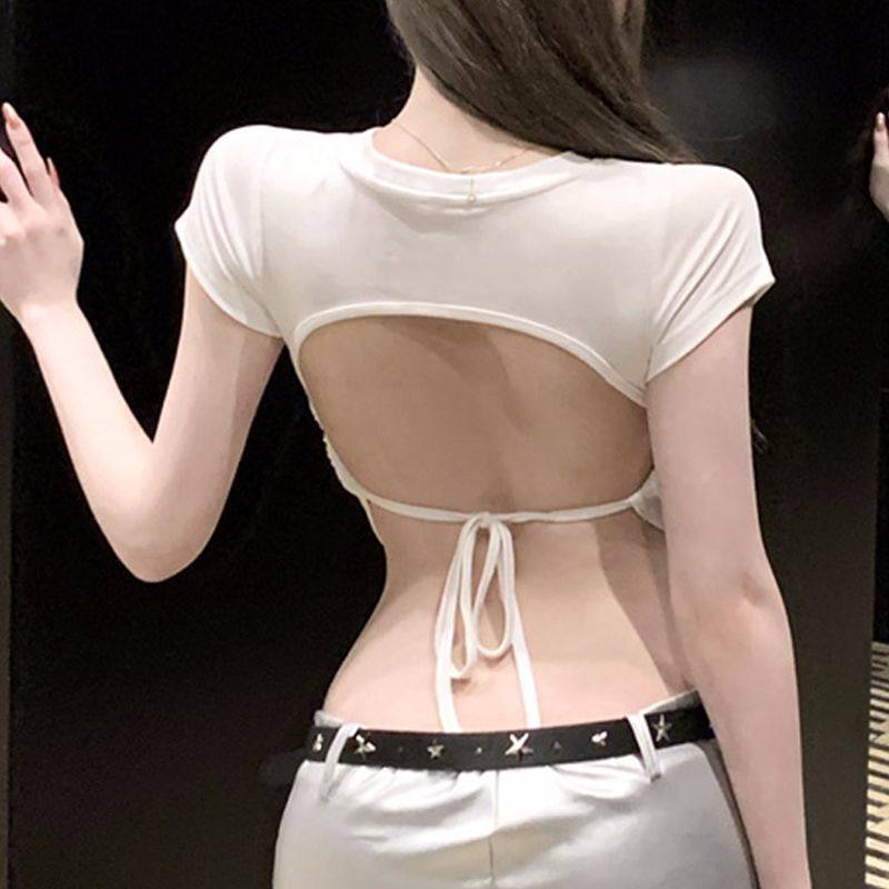高腰露脐上衣设计感小众性感露后背绑带短袖百搭显身材正肩T恤夏