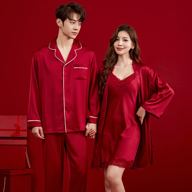红色结婚睡衣新婚情侣套装冰丝晨袍新郎新娘婚用婚礼2025新款春秋