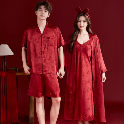 红色结婚睡衣新婚情侣套装冰丝新郎新娘婚用高级2026新款晨袍婚礼