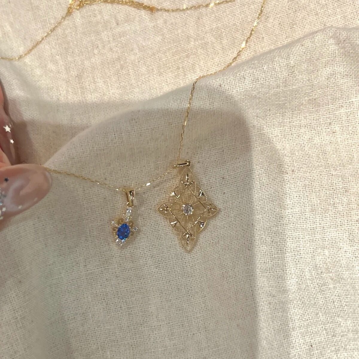 复古蕾丝蓝钻星形十字锁骨链