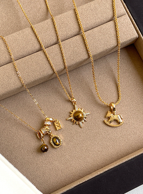 天然虎眼石八芒星木马吊坠项链女