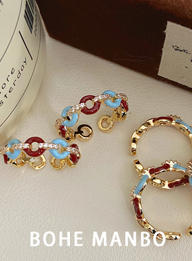 复古滴釉甜甜圈戒指轻奢闪钻指环