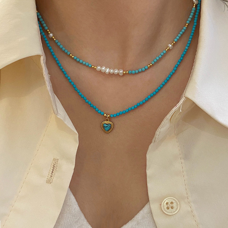 天然淡水珍珠爱心吊坠绿松石串珠锁骨链女叠戴精致轻奢颈链项链