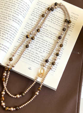 天然虎眼石香槟金施家珍珠项链女