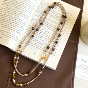 天然虎眼石香槟金施家珍珠项链女双层叠戴长款毛衣链美拉德颈链