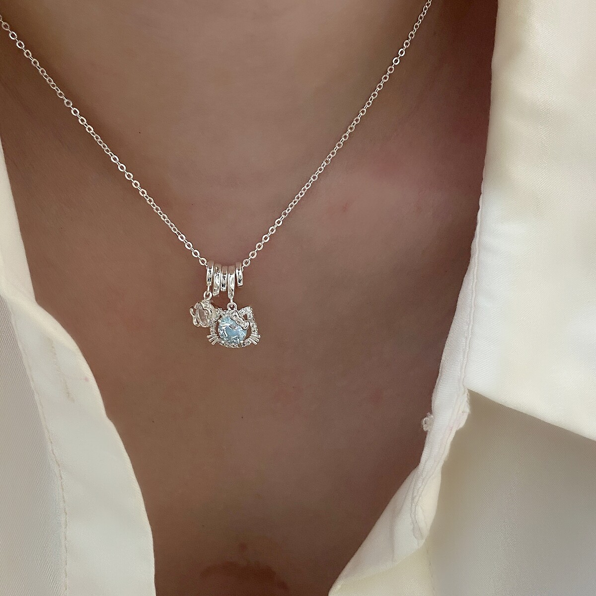 蓝色猫咪多吊坠项链精致可爱闪钻韩系日常百搭锁骨链小众保色项链