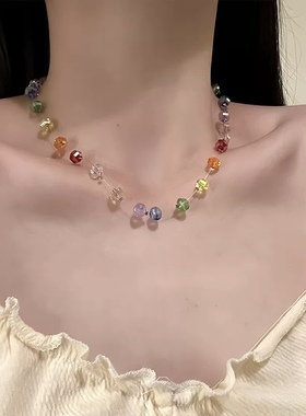 夏季多巴胺彩色水晶串锆石项链女