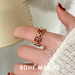 复古安可拉红滴釉H字母开口戒轻奢高级感微镶食指戒新年红色戒指