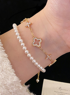 真金电镀菱形镂空四叶花朵手链女