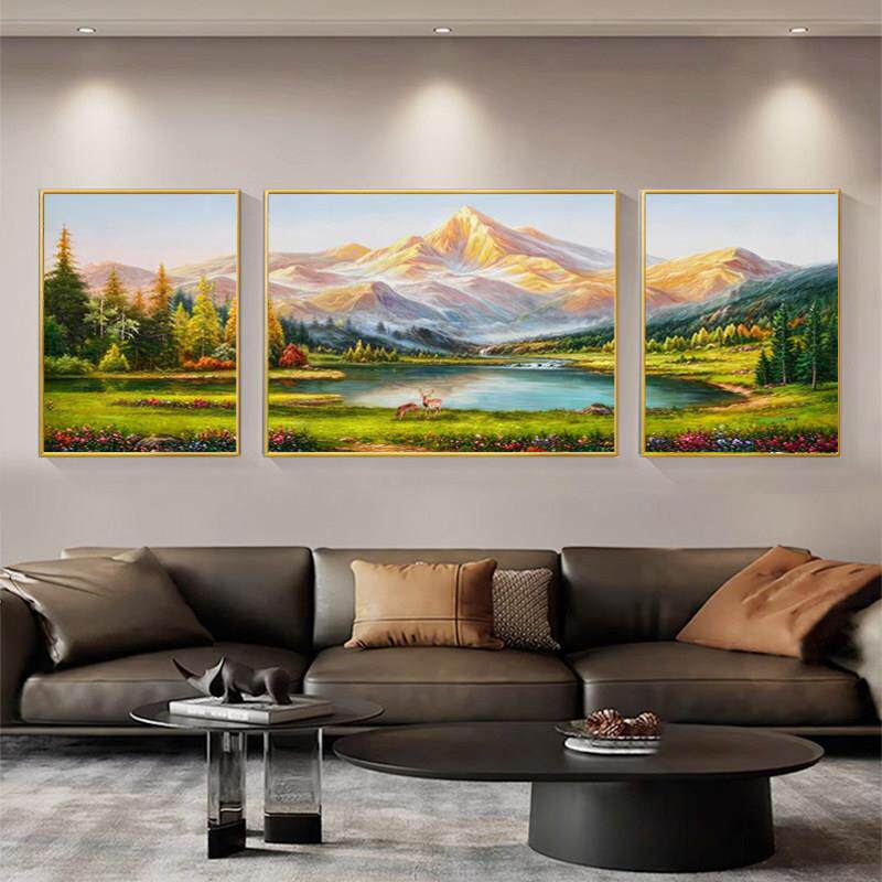 盆山水客厅装饰 画流水客厅风景生财三联画 画聚宝壁新款现代简约