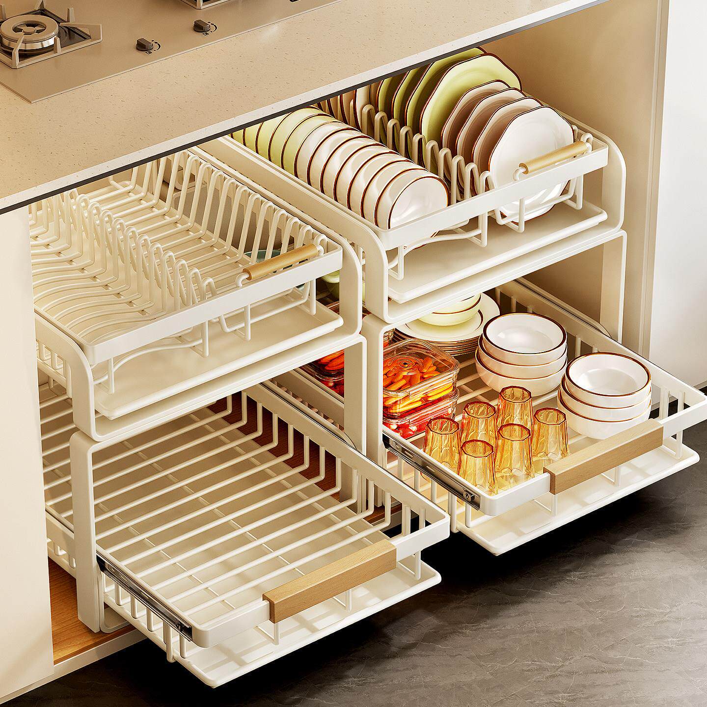 厨房碗碟收层整体架橱柜内免安装置架抽屉式拉篮抽柜内抽拉拉碗盘