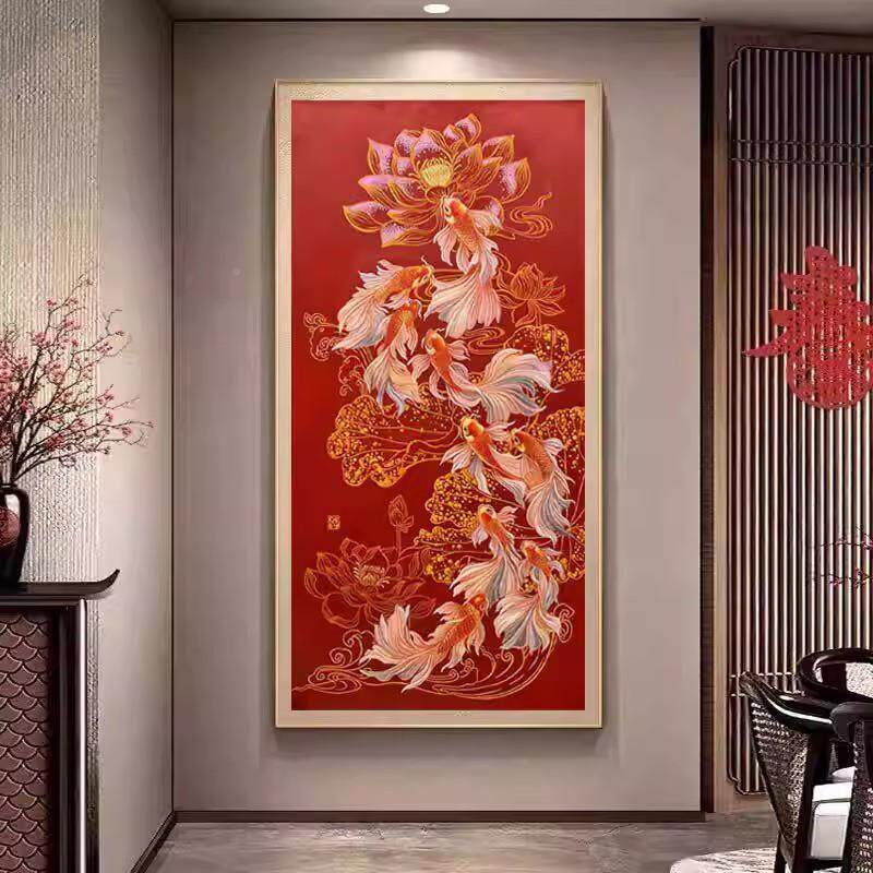 关鱼聚财厅门玄挂画新中式入户对JSN装饰画卧室书房红底喜庆客壁