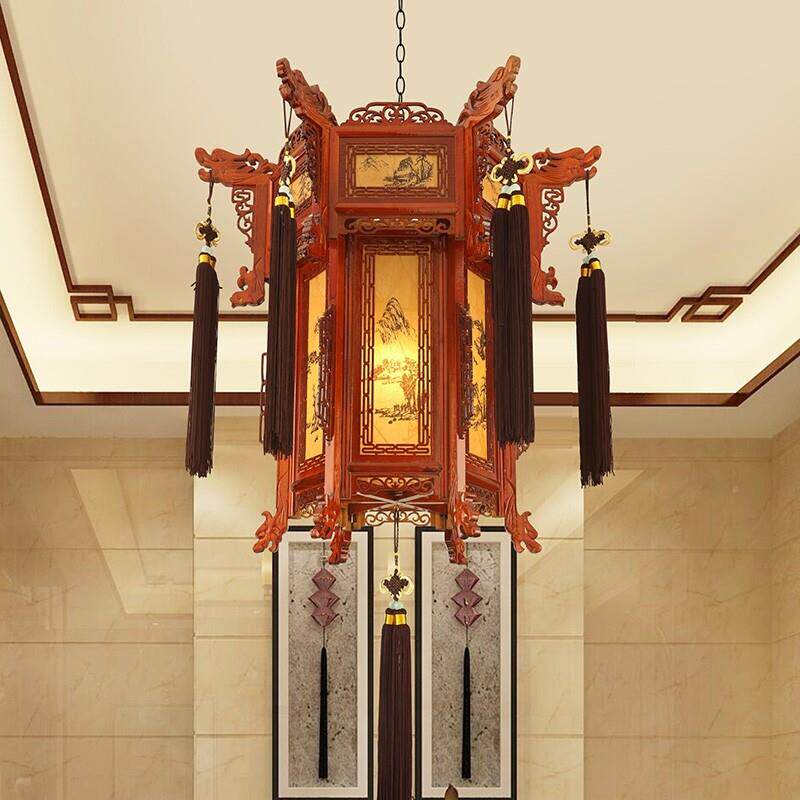 中式实木灯REX六宫角祠吊堂新年皮古典结婚阳台灯户外彷古灯羊笼