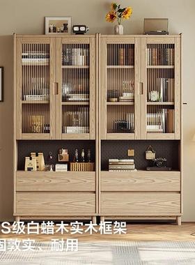 一林舍北欧木日45059式白蜡木实书带玻璃门半家用落柜地书橱储物