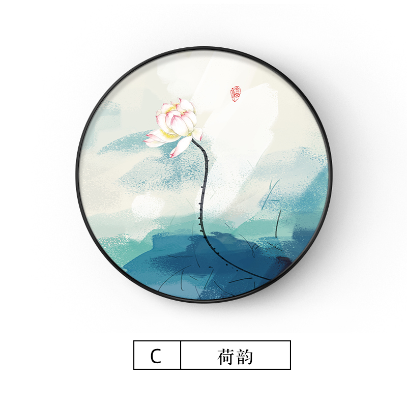 现货新中式客厅圆形装饰画玄关水墨荷花壁画茶室禅意挂画餐厅饭店图片