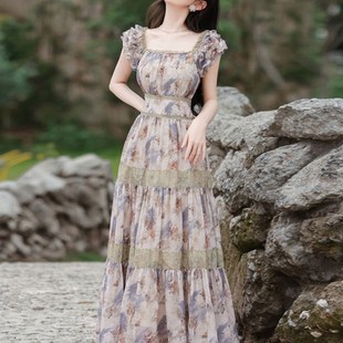 小 女夏泡泡袖 快速发货法式 气质连m衣裙收腰碎花绝美长裙2024新款
