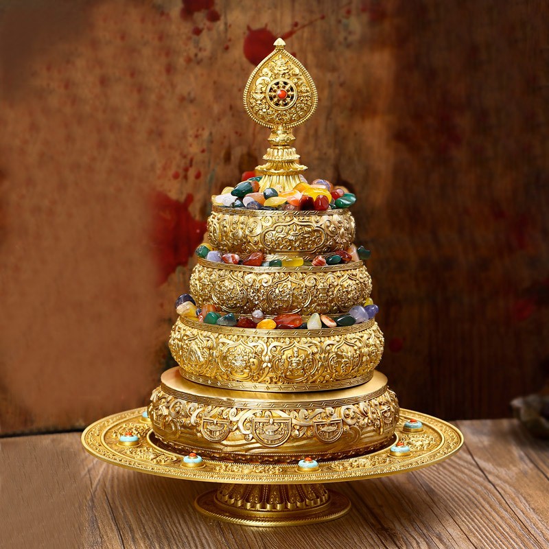 速发慧宝纯铜曼扎盘雕藏八吉祥供刻十用三传七堆曼茶盘带托盘