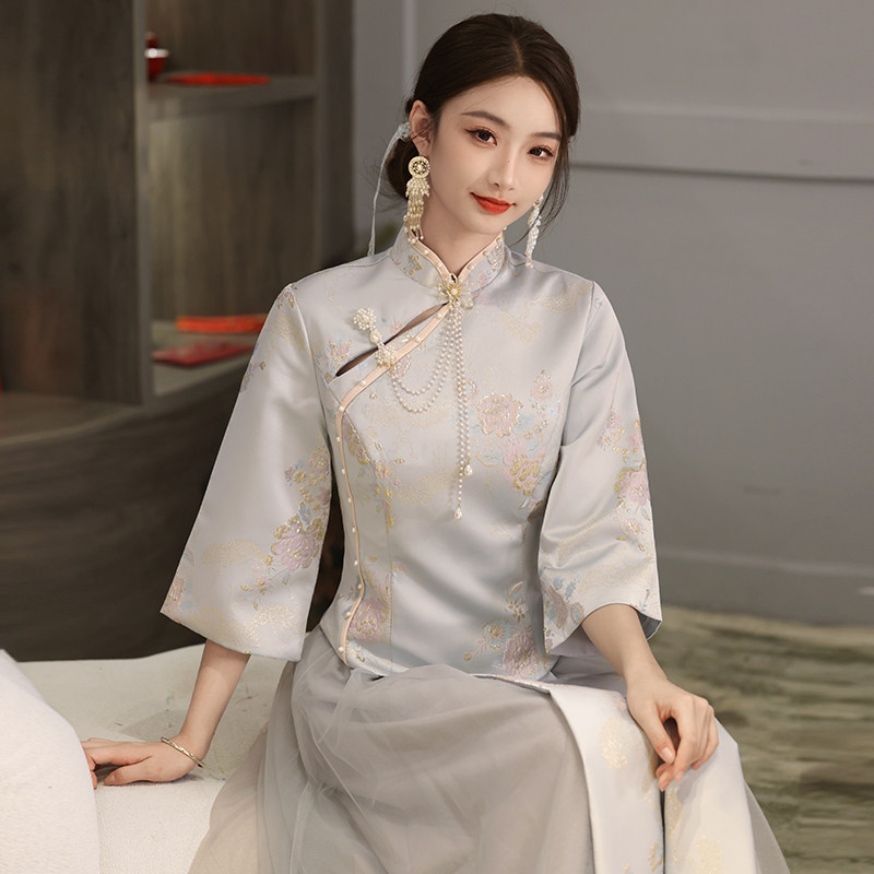 速发中式袖娘服配秀禾穿的2024新款长伴旗袍国婚汉服风礼姐妹团礼
