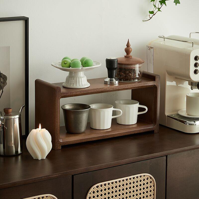 实木桌面收纳茶杯架中古风黑胡桃木双层茶具收纳架咖啡杯架展示架