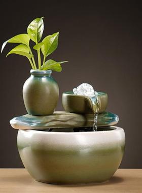 财源滚滚小型流水摆件循环水生财陶瓷桌面装饰客厅玄关古法鱼缸