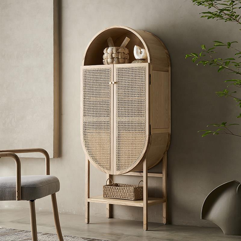 ins日式侘寂风格储物柜现代客厅实木餐边柜简约藤编收纳双门柜子