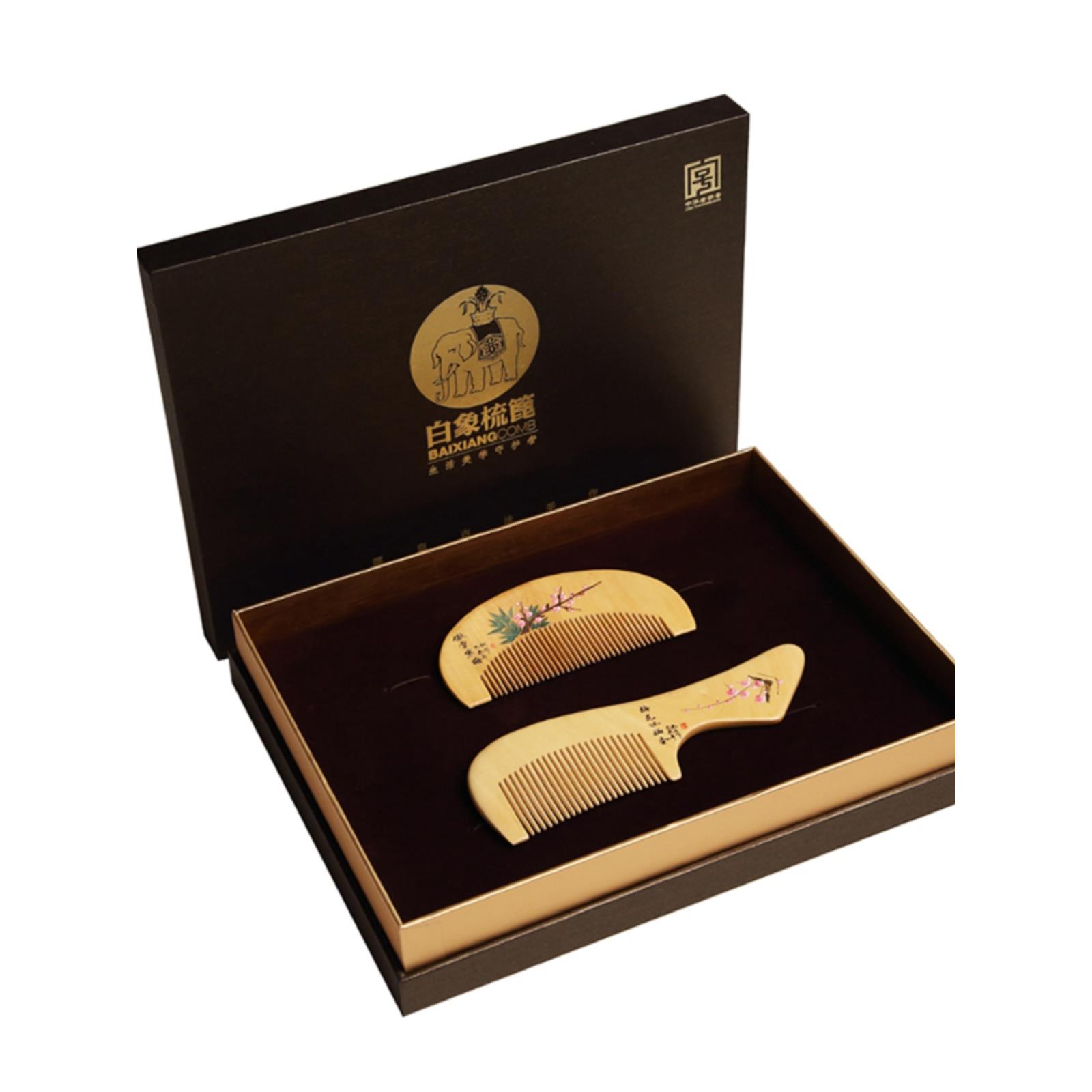 白象常州梳篦 婚庆梳子套装 小叶黄杨木梳礼品二件套盒装 梅花款