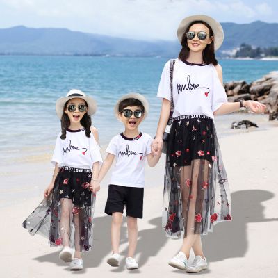 现货亲子装夏季一家三口四口母子时尚家福套装母海边沙滩长裙洋气