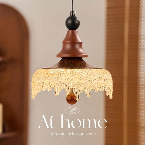 中古风卧室床头吊灯可升降水滴覆古胡桃木色走道灯法式玄关小吊灯