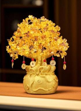黄水晶发财树招财摇钱树摆件前台酒柜装饰乔迁开 业礼品客厅桌面