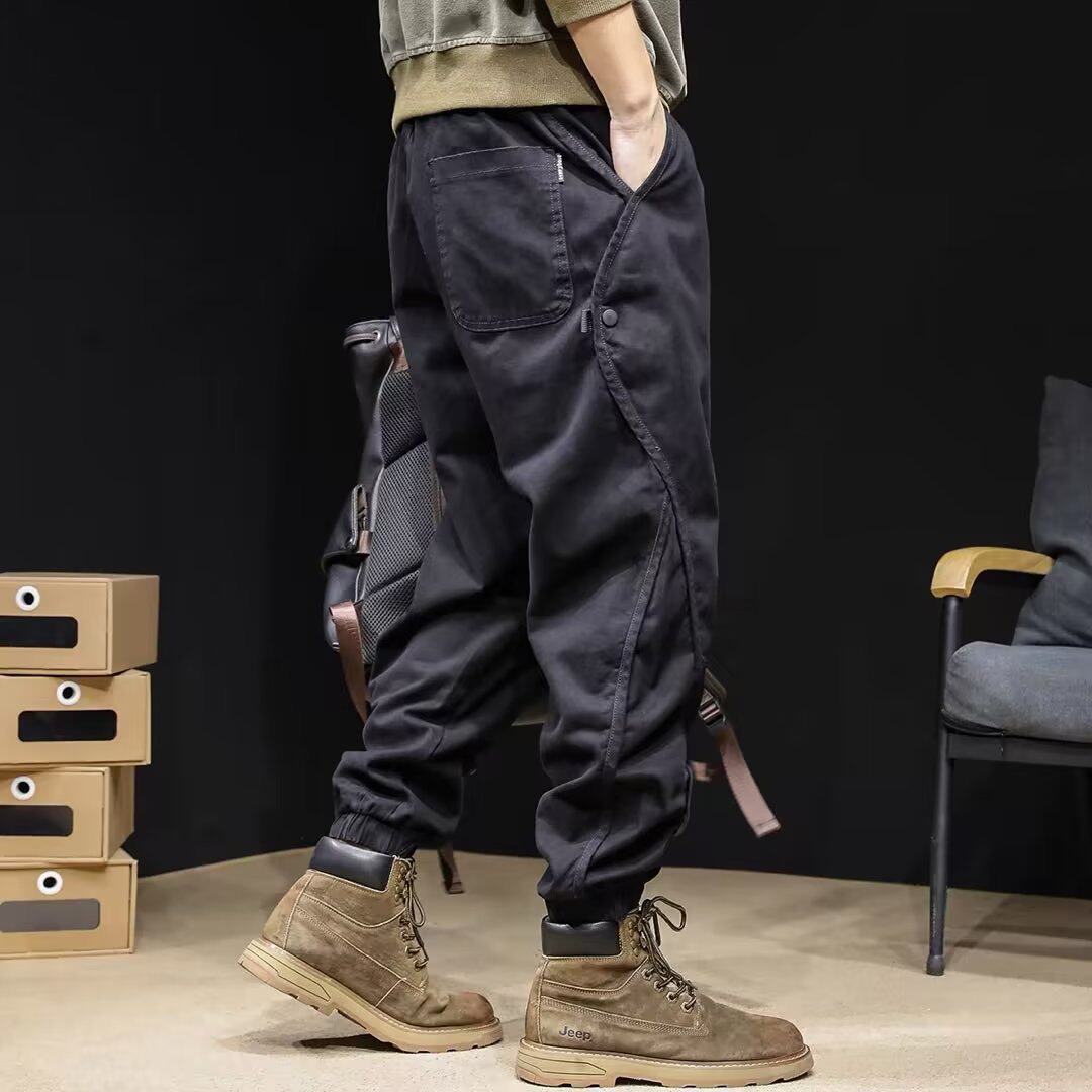 衫少服饰美式复古工装裤男秋季宽松大码男士重磅拼接潮束脚休闲裤