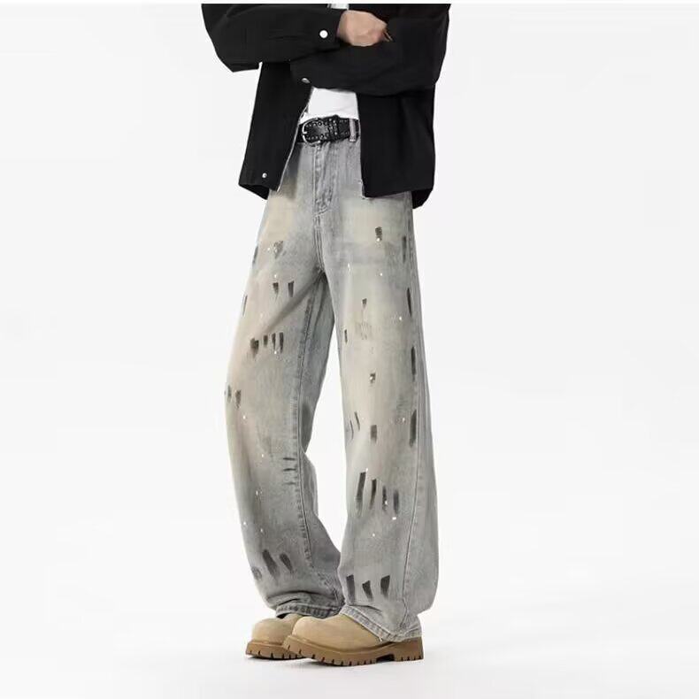 cleanfit裤子高级感痞帅水洗泼墨牛仔裤男潮美式复古直筒微喇裤棉